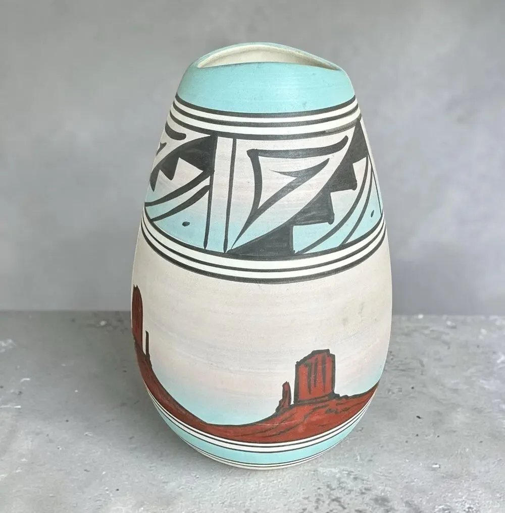 Native American Pottery Vase Jaylee Navajo Dine Hand Painted Signed Decor 8”